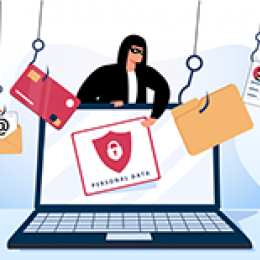 A cartoon robbery phishing with a laptop