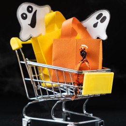ghost in grocery bags in a grocery cart